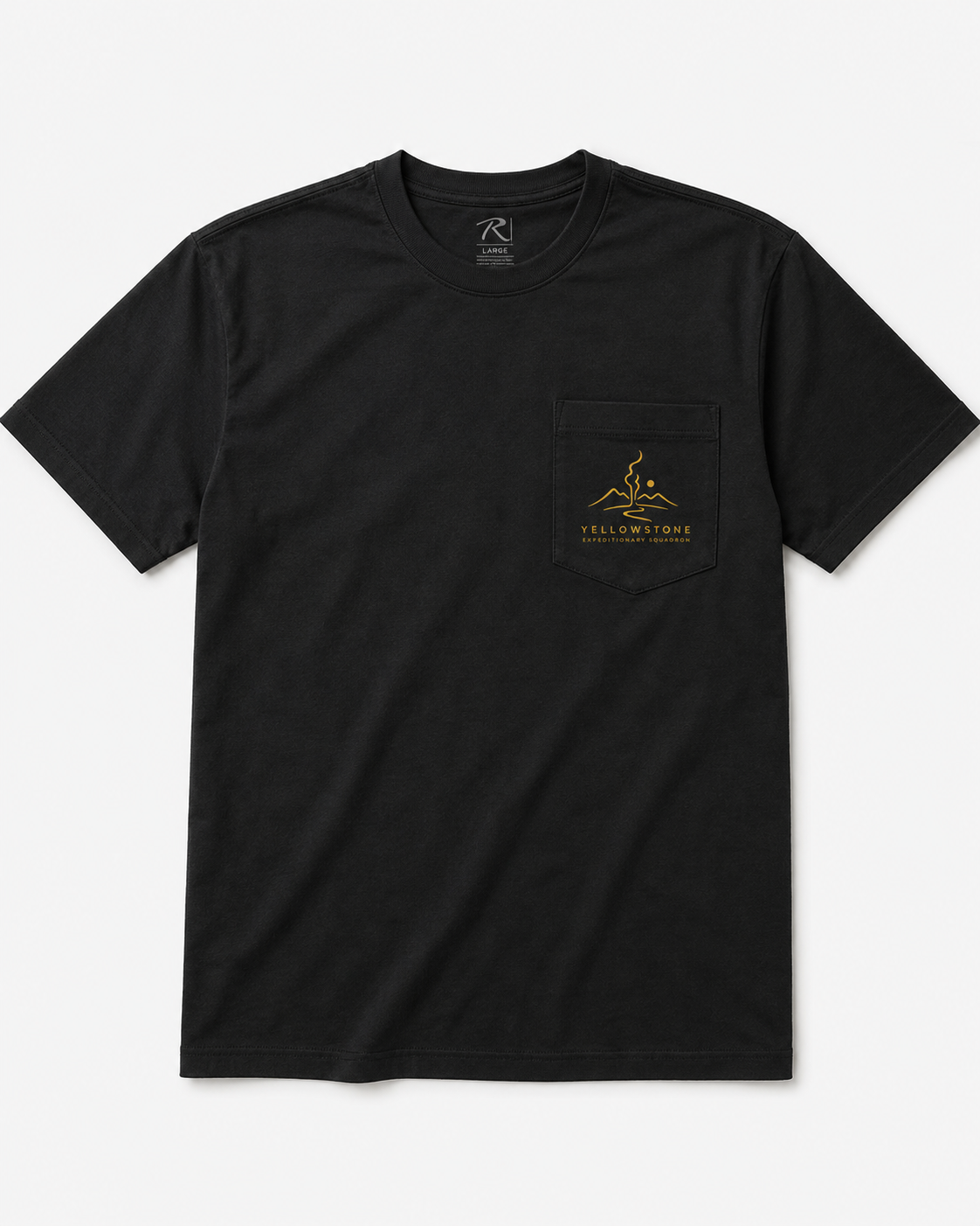 Black pocket T-shirt with a small Yellowstone Expeditionary Squadron chest mark